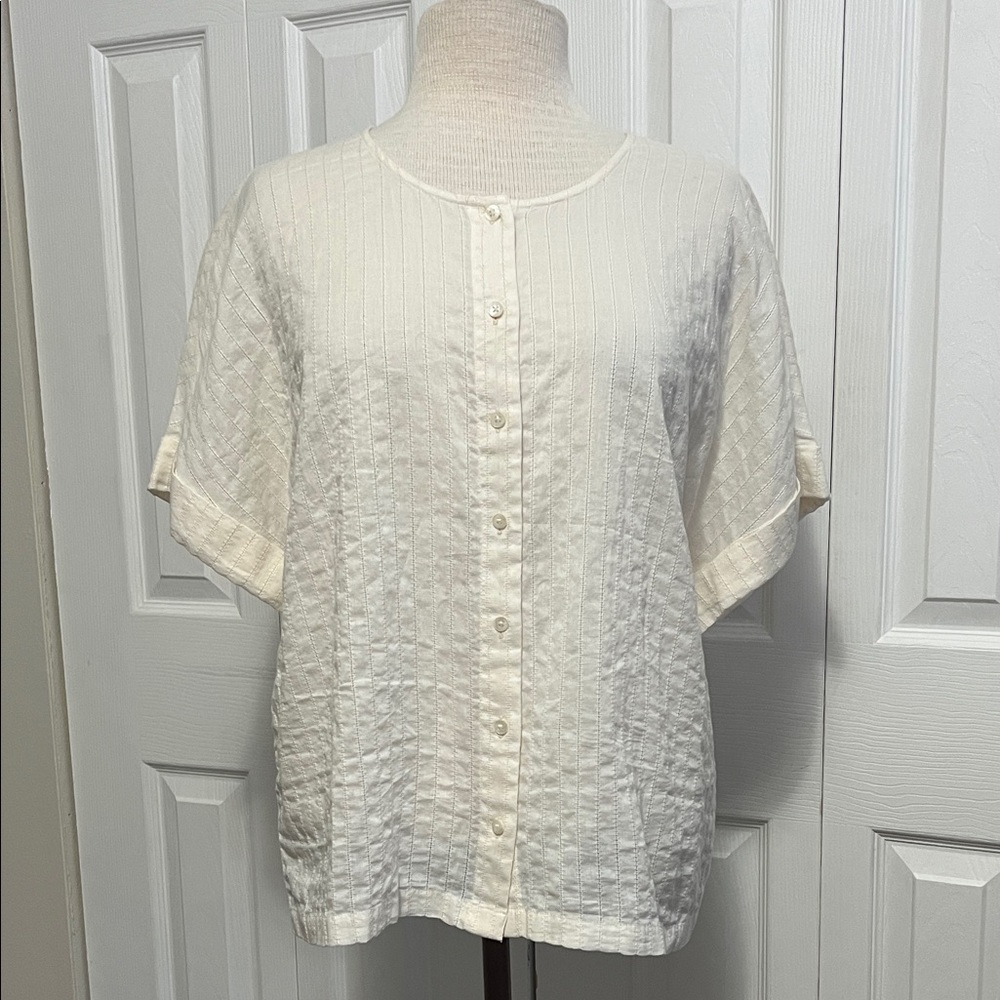 Nice Things Ecru Button-Up Short Sleeve Cotton Shirt Size 12